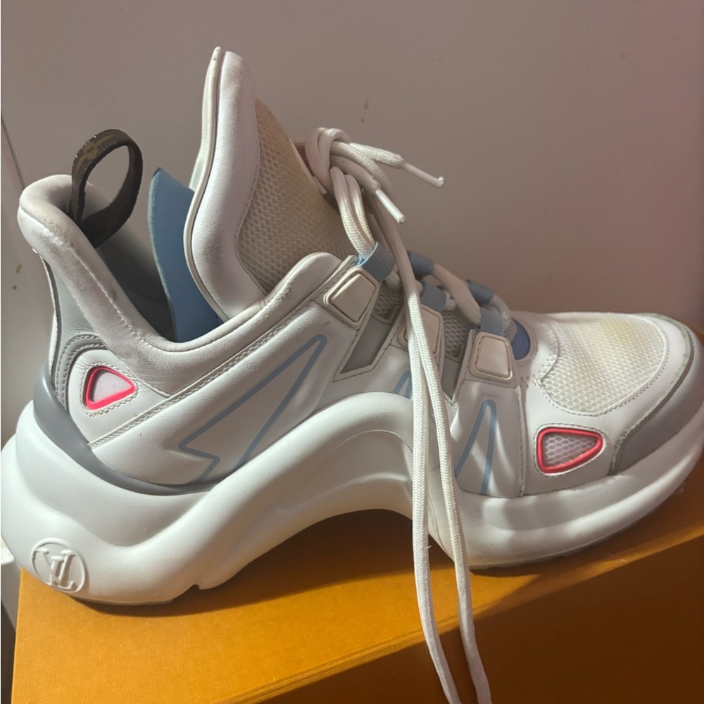 Louis Vuitton White and Gray Sneakers with Pink Accents